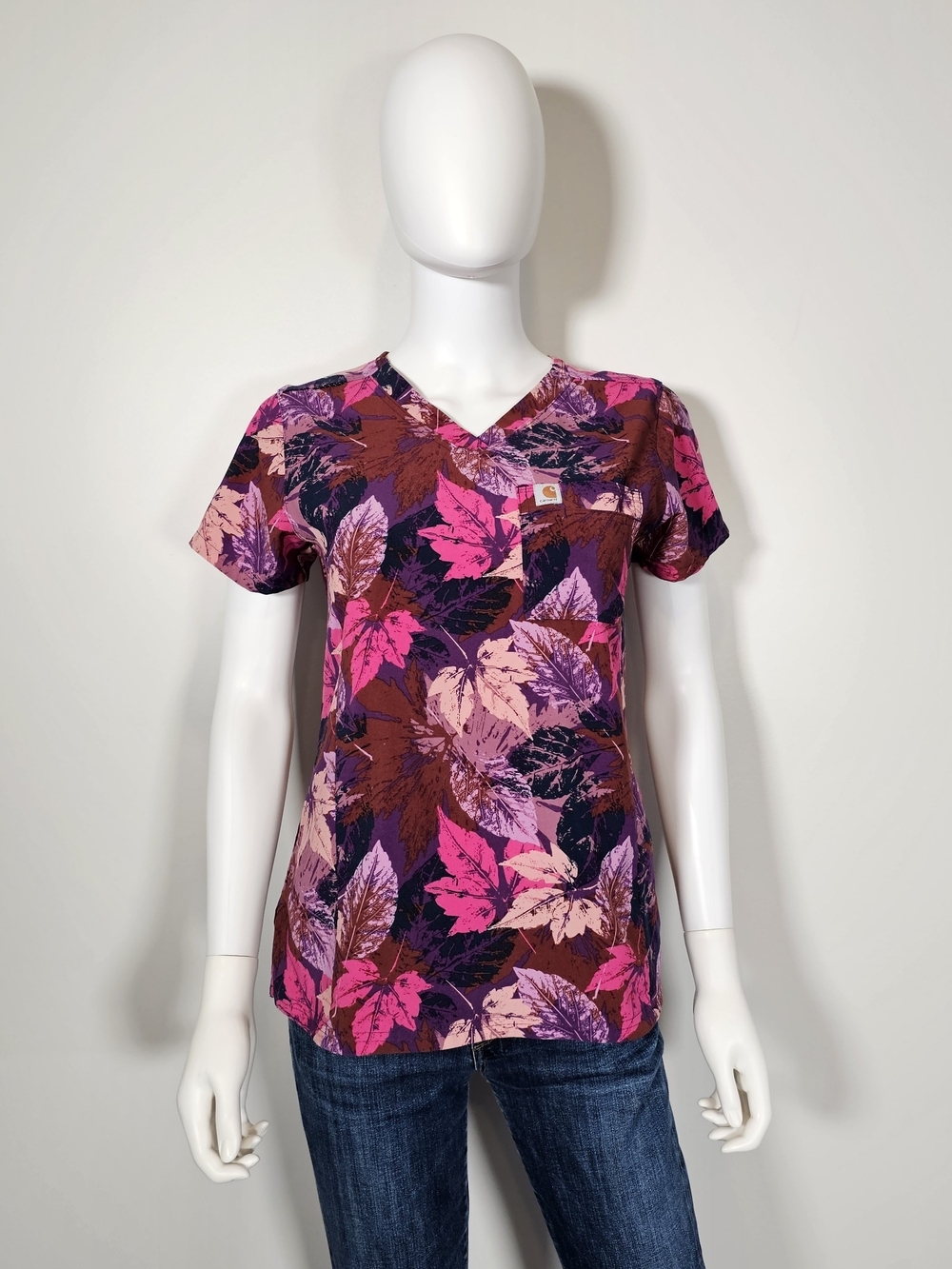 Carhartt Women's V-Neck Floral Print Scrub Top - Pink/Purple Sz XS